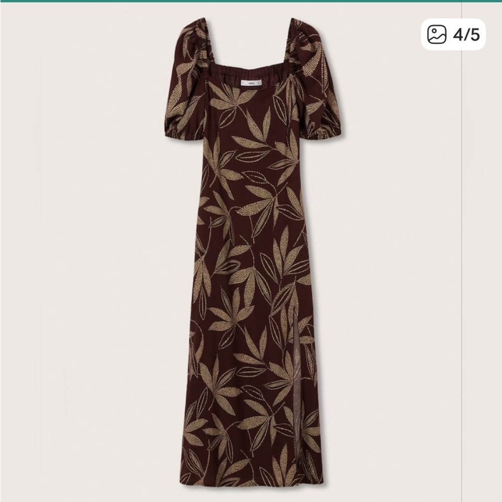 Brown Tropical Leaf Print Dress